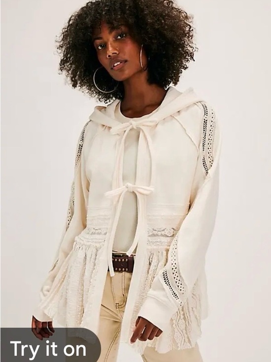 Free People Sweaters - Free People Cream Lace-Trim Hooded Cardigan NWOT SIZE MEDIUM